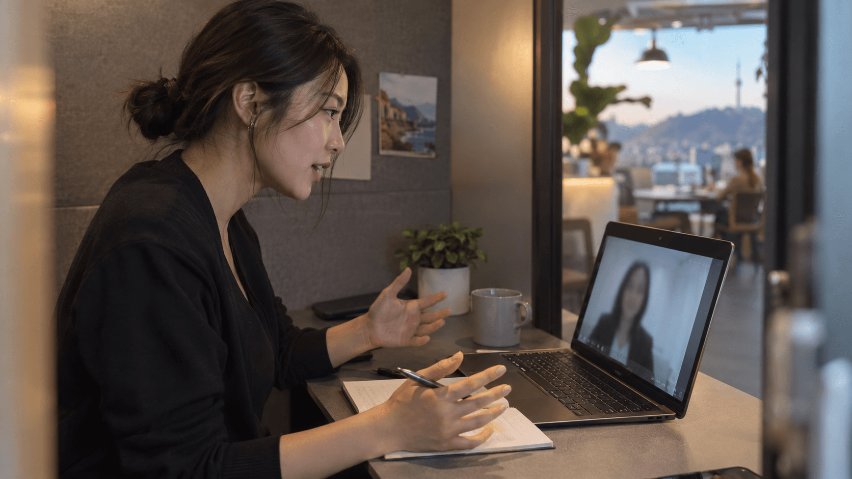 Professional woman on a video call on her laptop, taking notes at her desk with a city view.