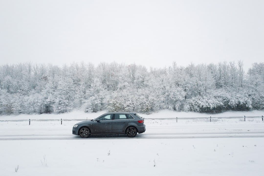 Car driving carefully on a snowy motorway with winter trees and safety barriers.