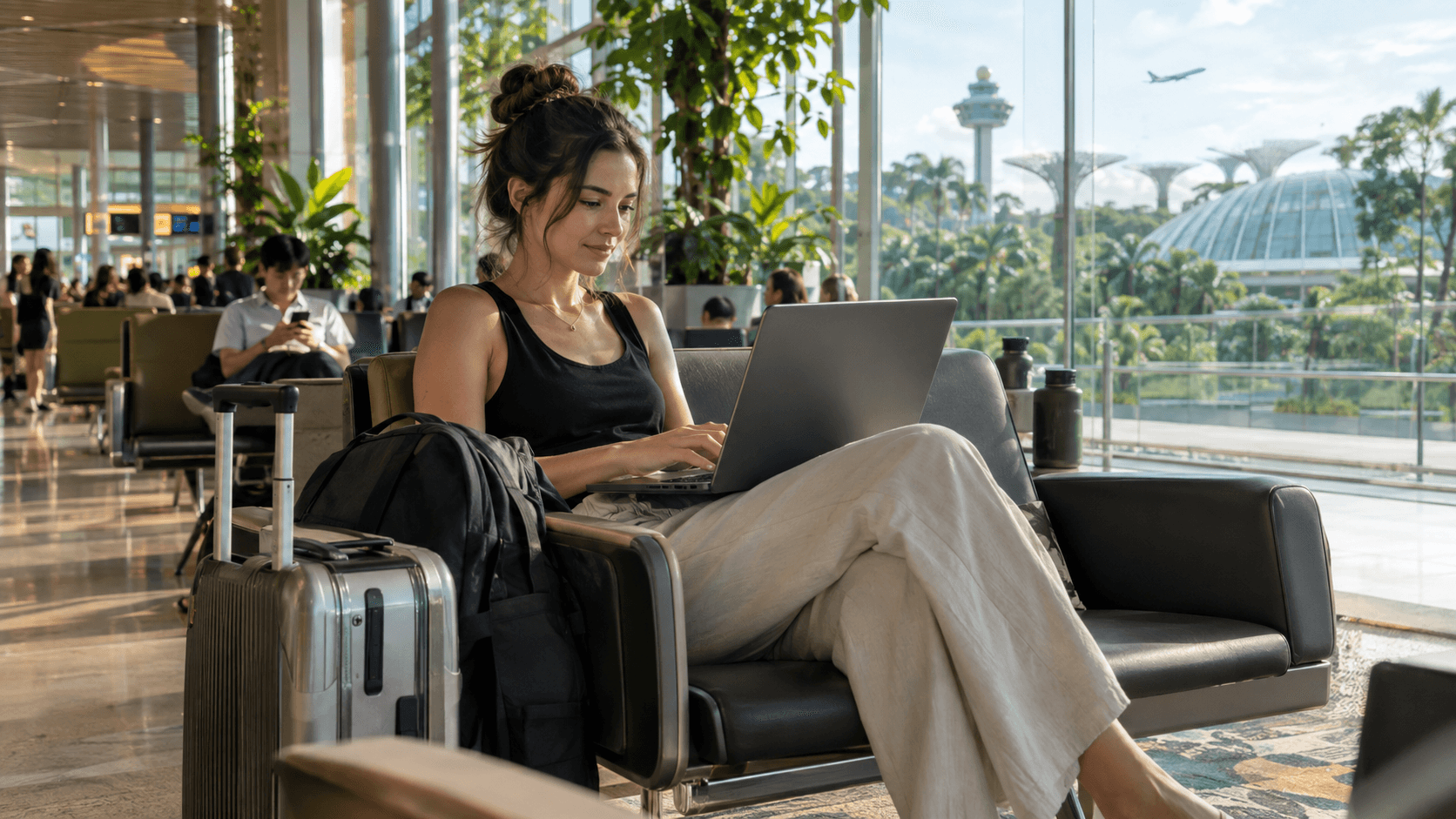 Digital nomad working on a laptop in an airport lounge with luggage, with the airport visible through the windows.