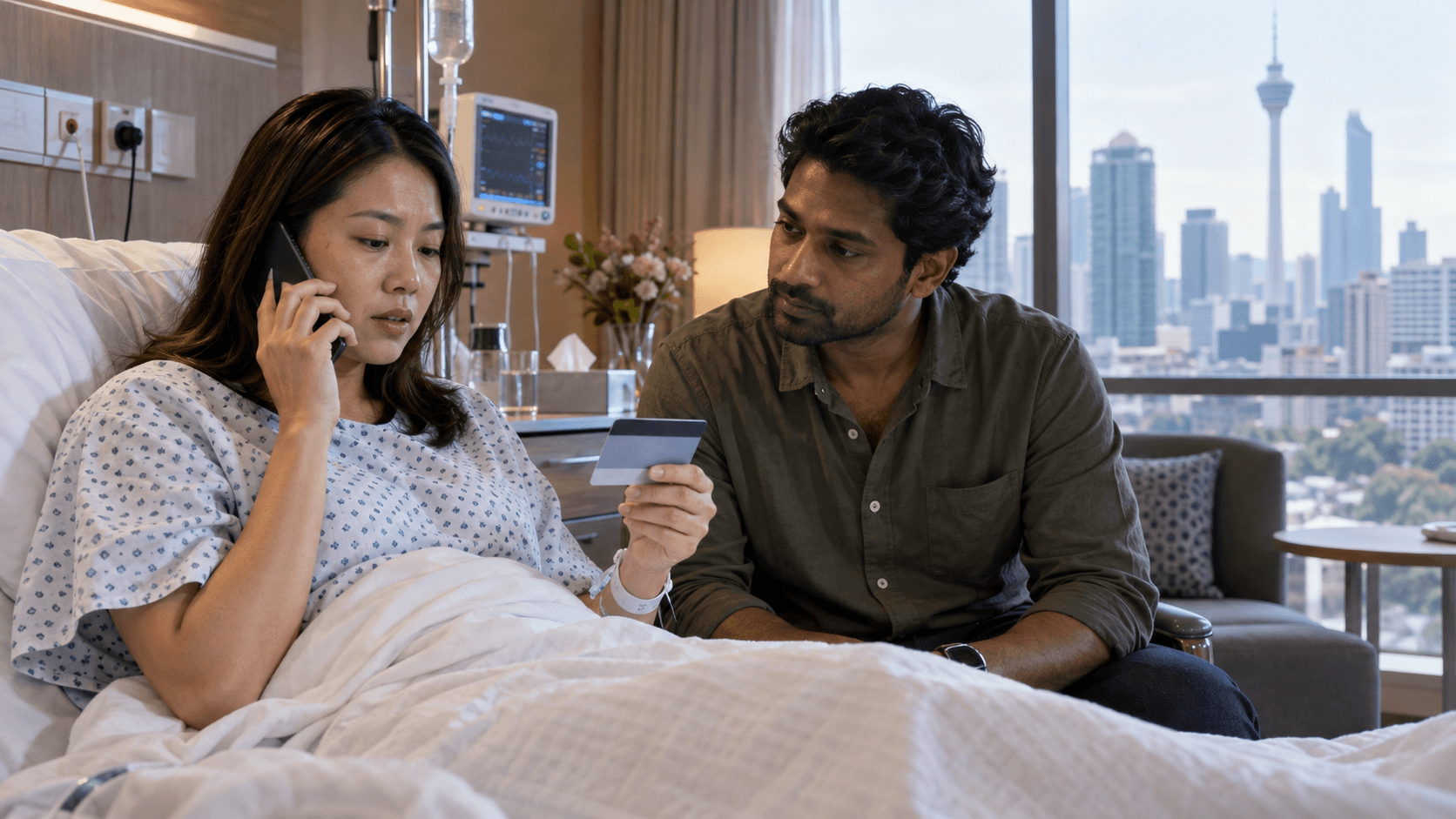 Modern hospital room with a patient in bed and a visitor, abundant natural light, view of the city skyline.