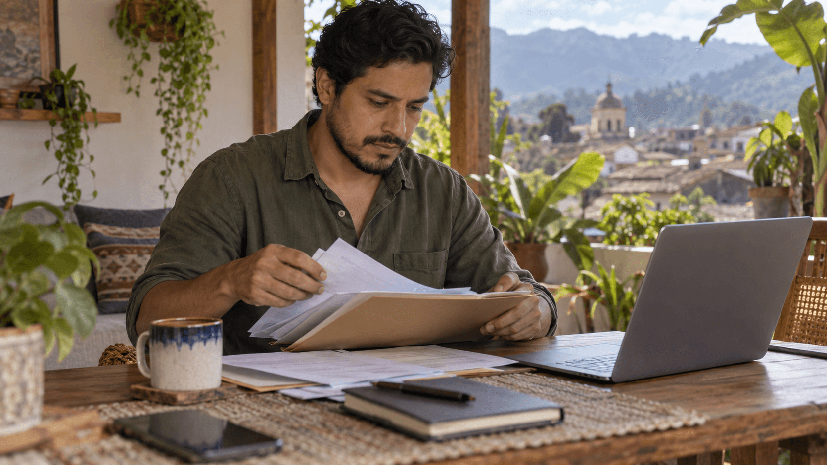 Digital nomad working on a laptop with a view of a mountain town and plants