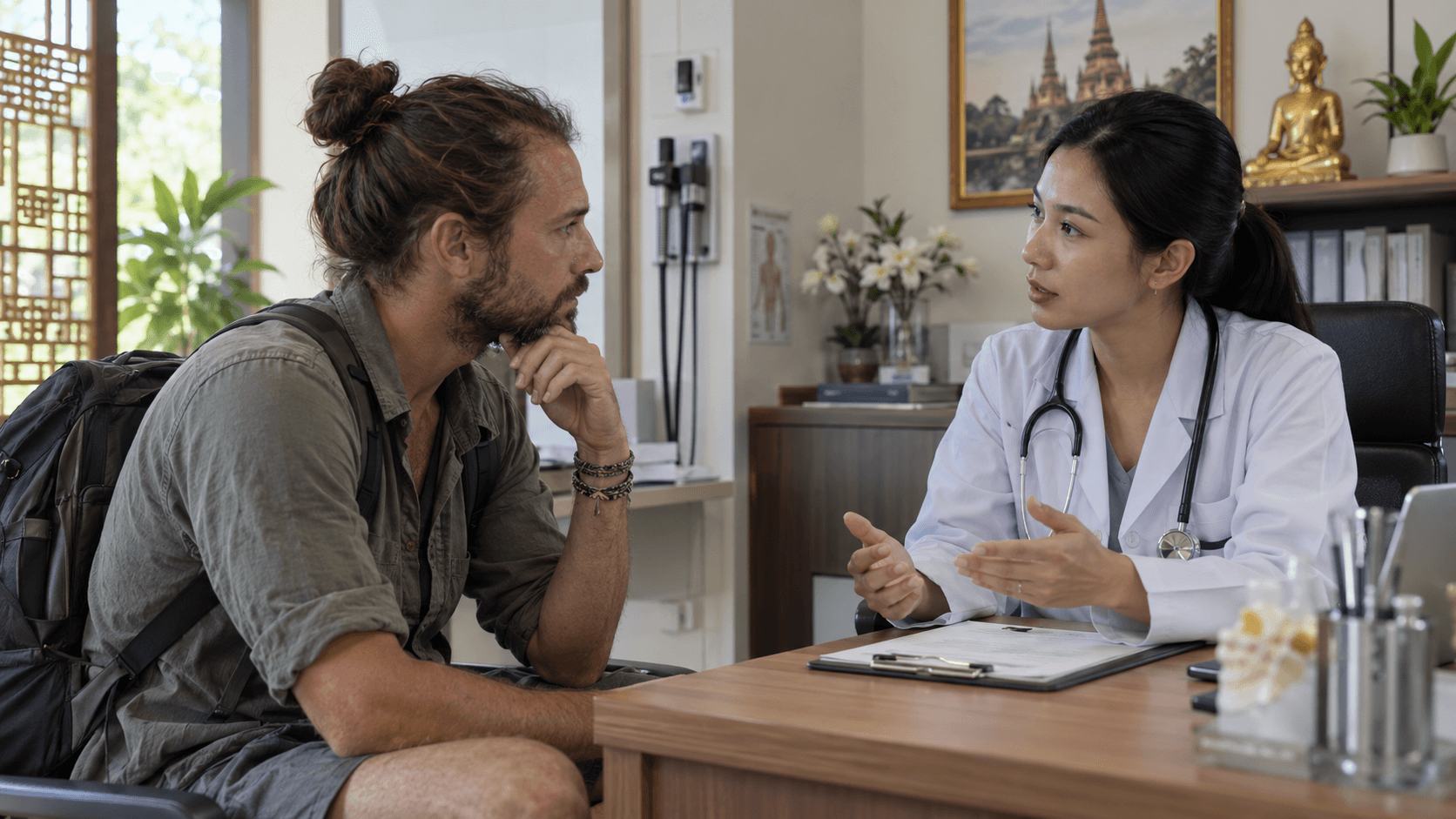 Doctor with stethoscope consulting with a patient in a modern medical office.