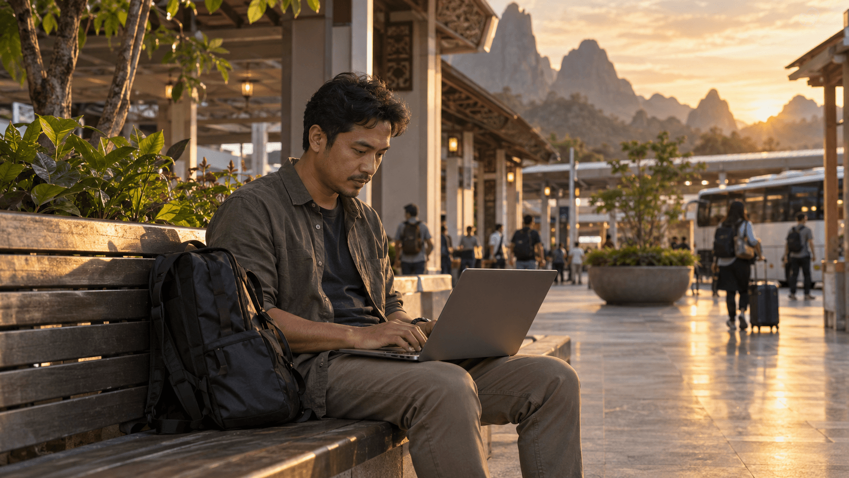 Nomade digitale che lavora al computer portatile seduto su una panchina con lo zaino, in un suggestivo luogo all'aperto al tramonto.