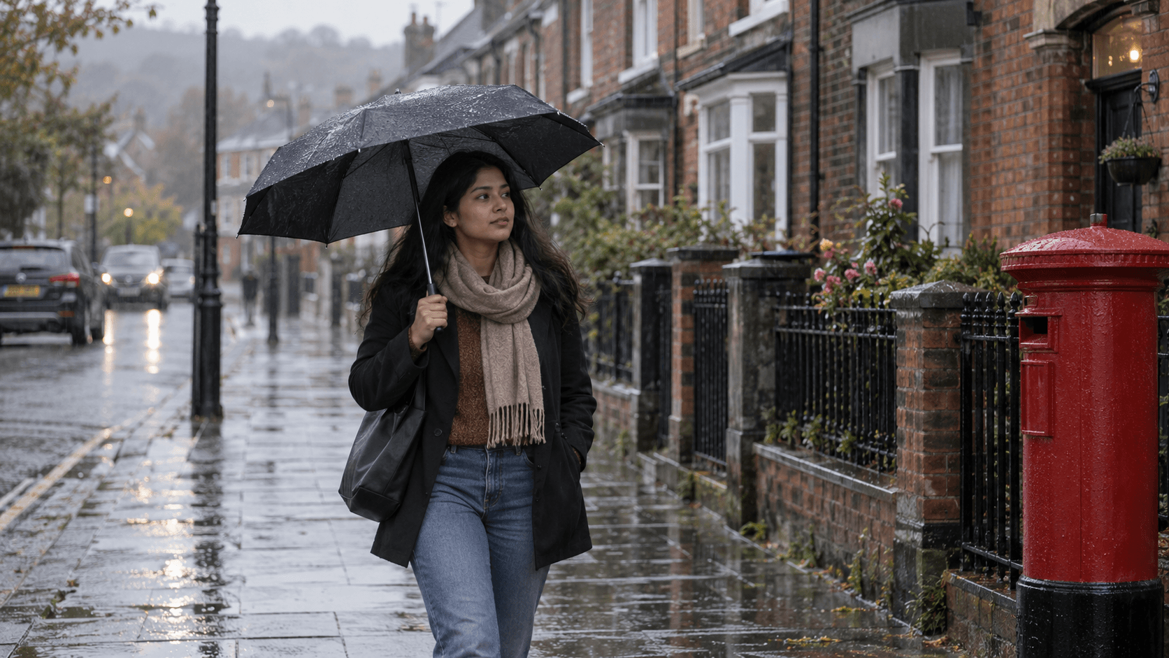 Woman exploring a residential street with brick buildings, shops and British architecture on a rainy day.