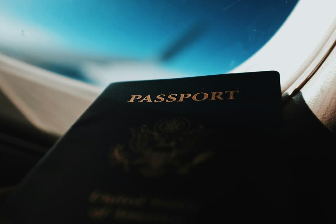 Black passport with gold lettering on administrative documents, airplane window in the background.