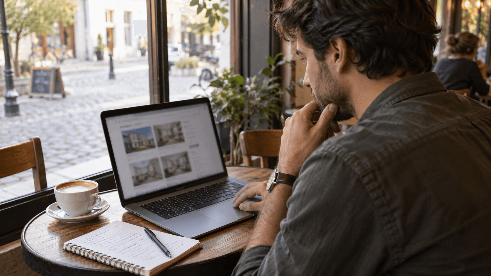 Man browsing rental listings on a laptop by a café window, looking for short-term accommodation options.