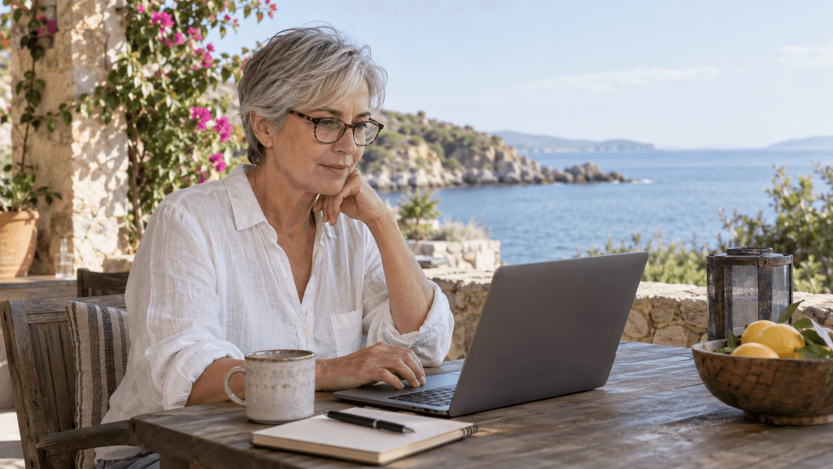 Digital nomad working on a laptop on a seaside terrace overlooking the Mediterranean coast.