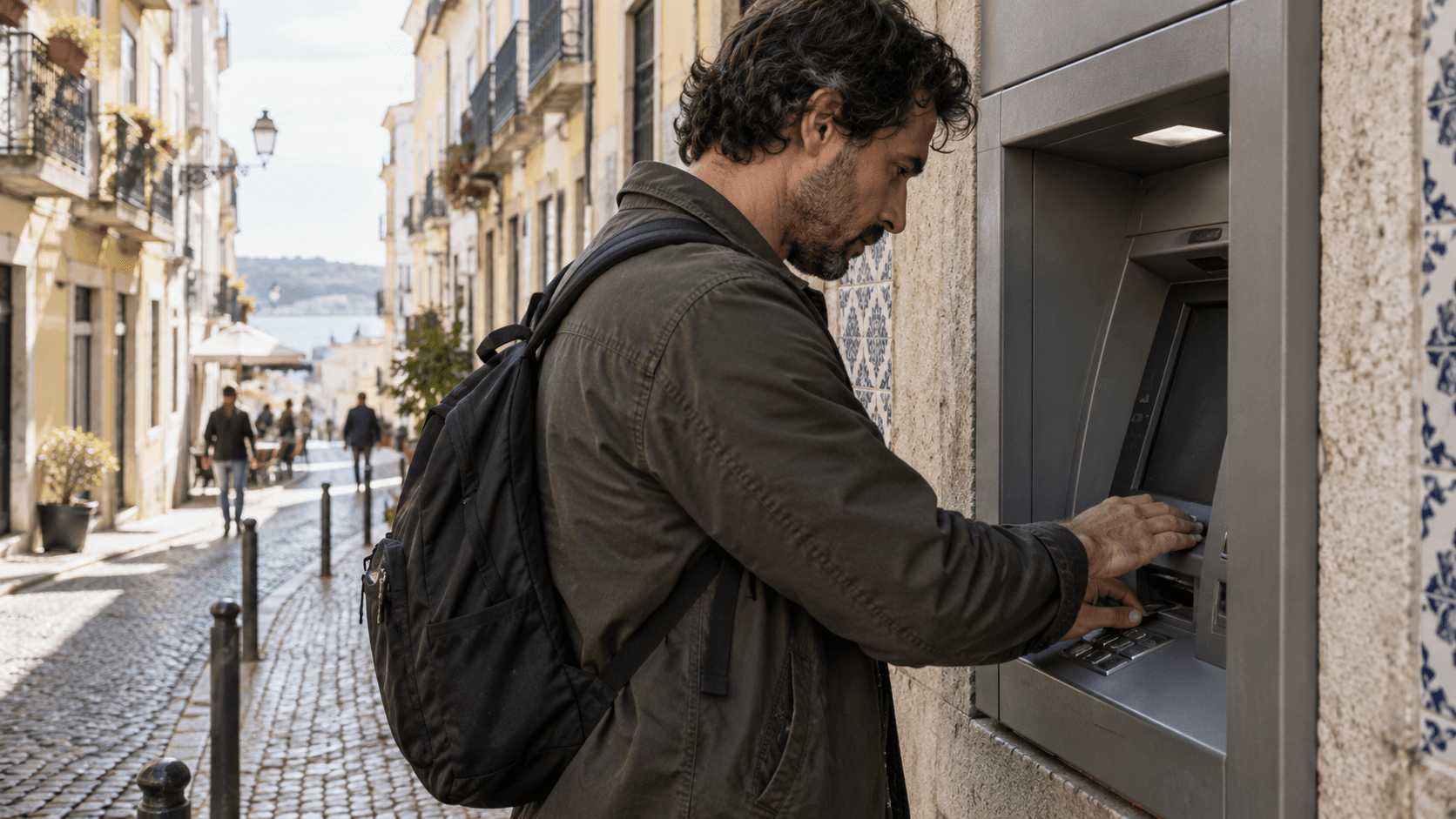 Digital nomad withdrawing cash from an ATM on a European street