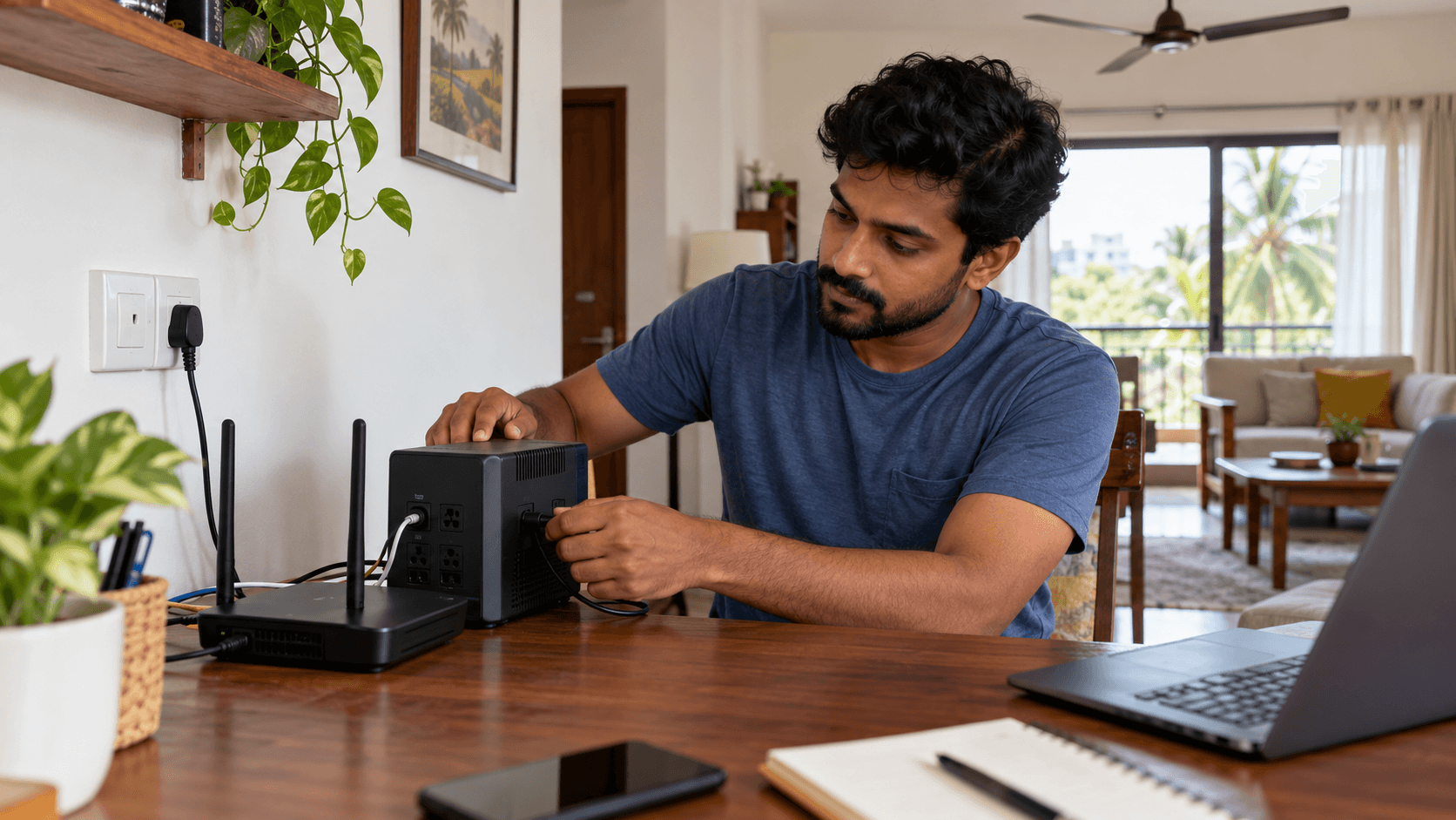 Remote worker at a desk near large bright windows, with a laptop, plants, and network equipment.