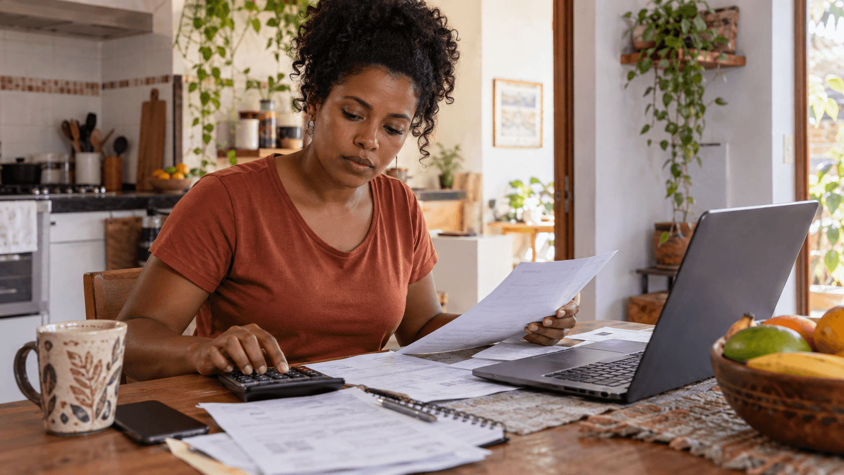 Freelancer calculating her expenses at her desk with a calculator, laptop, and financial documents.