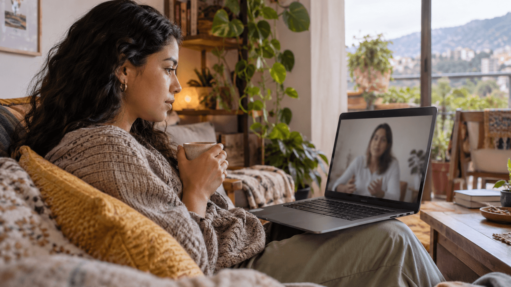Woman in a teleconsultation with a health professional on her laptop at home.