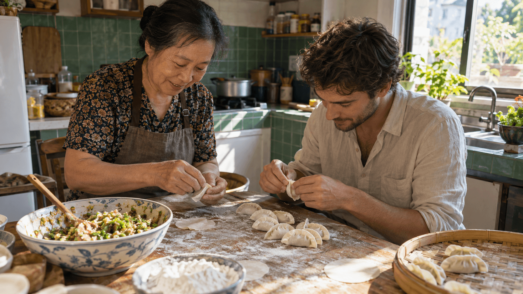 Two people preparing dumplings in a small kitchen with fresh ingredients and simple utensils.