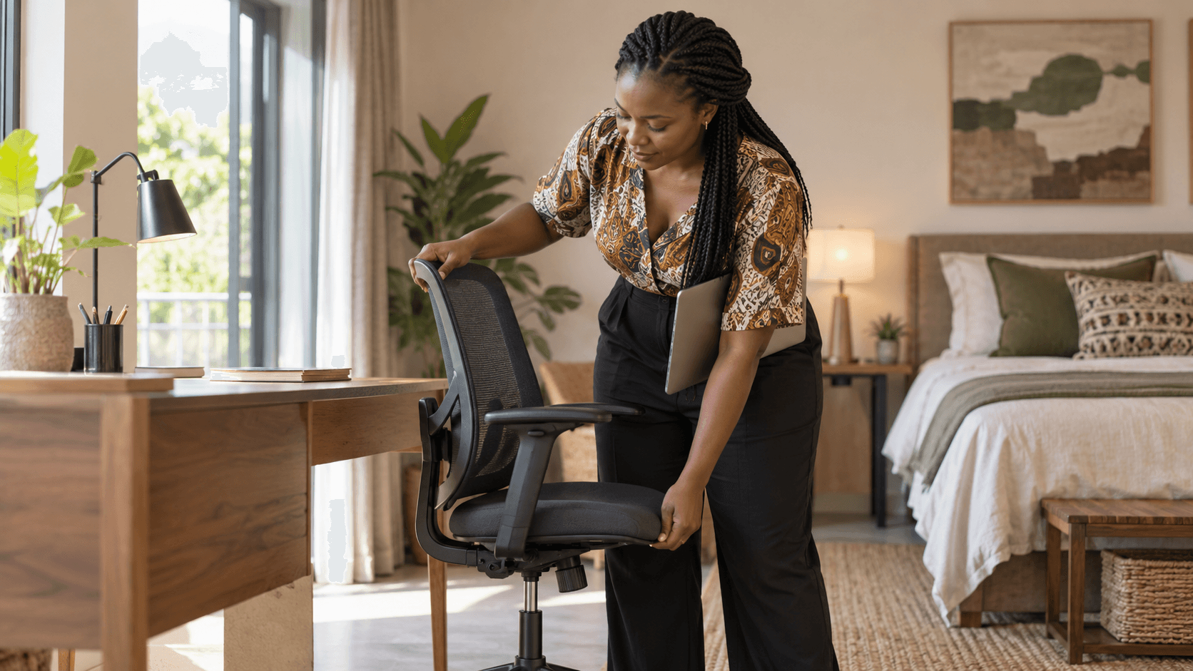 Mujer en su escritorio en casa con luz natural filtrada por las ventanas, ajustando su silla de oficina en una habitación luminosa.