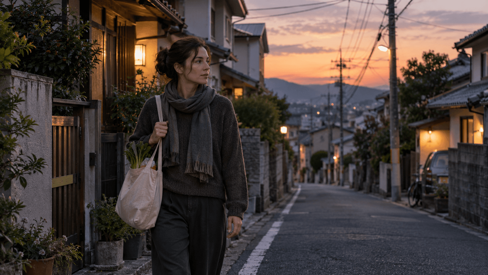 Femme marchant dans une rue résidentielle tranquille de Tokyo bordée de petits bâtiments traditionnels au coucher du soleil.