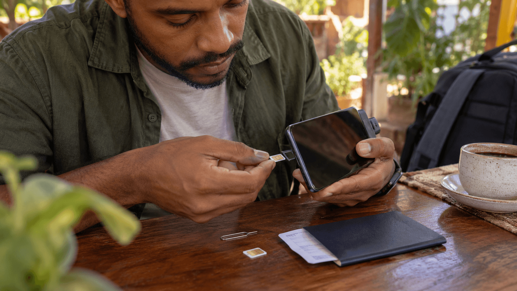 Man holding a smartphone and a credit card at a table, suggesting a payment or online transaction.