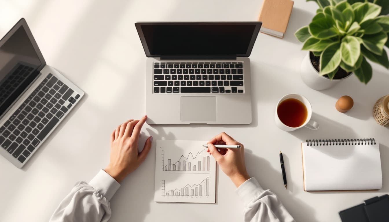 Digital nomad workspace with laptop, financial charts notebook, cup of tea, and hands analyzing data.