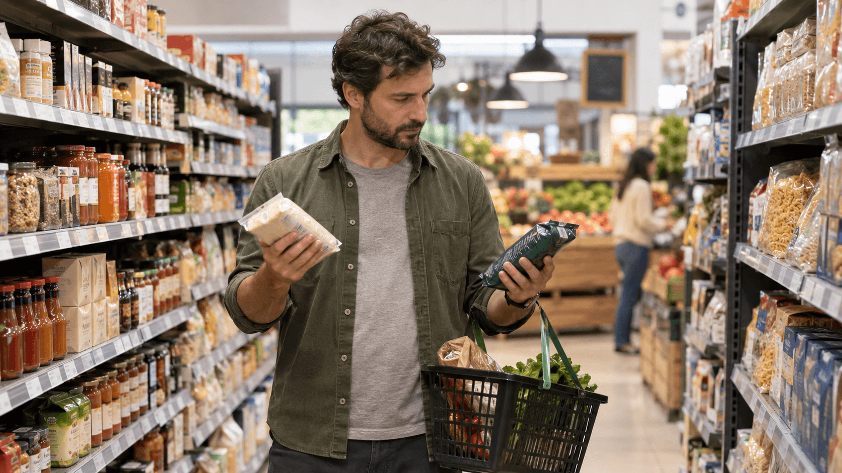 Man in a supermarket aisle holding a product and a payment card, doing his grocery shopping between the shelves.