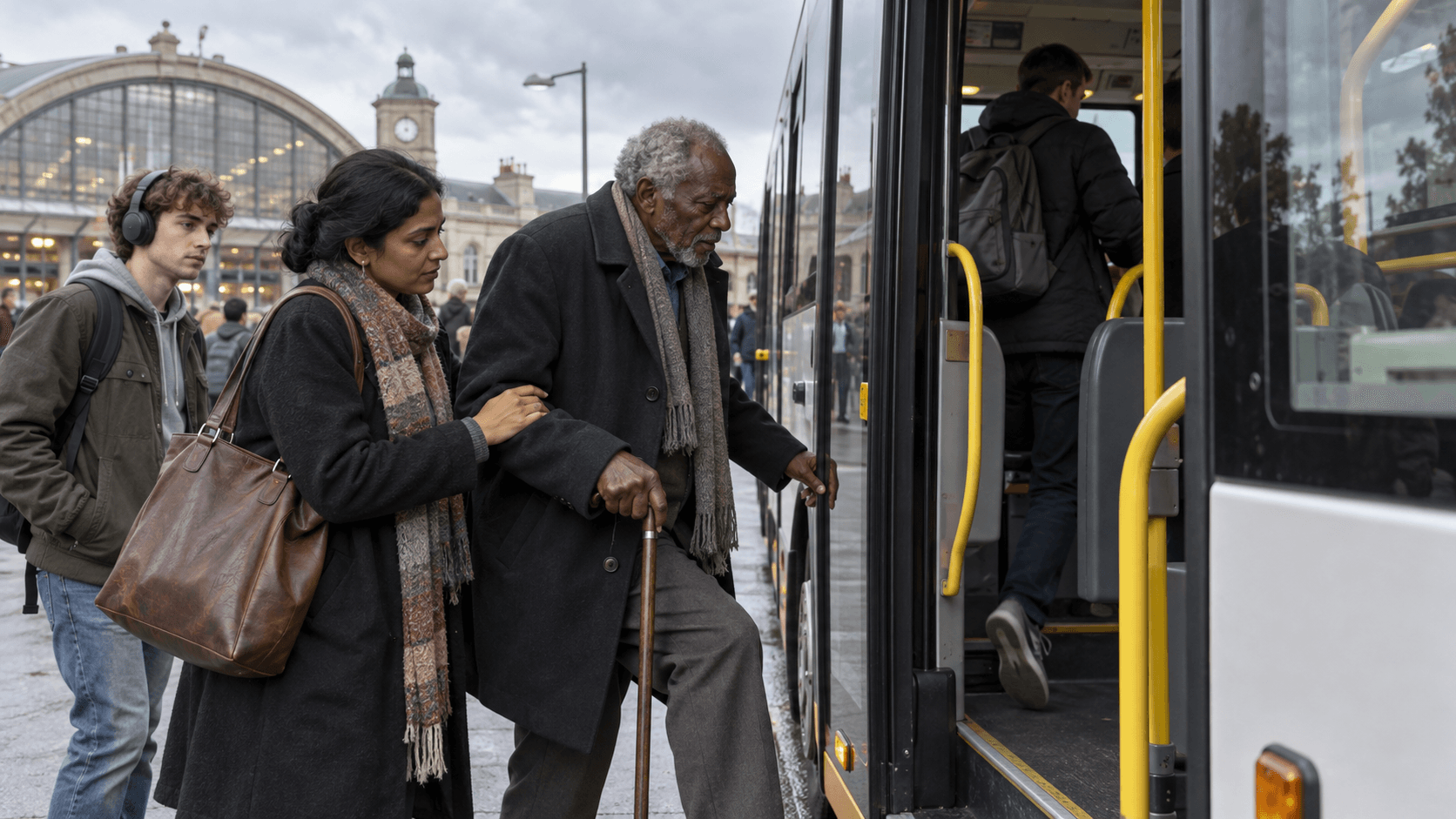 Person wearing earbuds at a bus stop in an urban setting with city architecture.