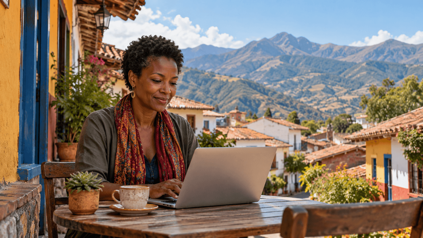 Remote worker on a laptop at an outdoor terrace with a view of the mountains, representing the digital nomad lifestyle.