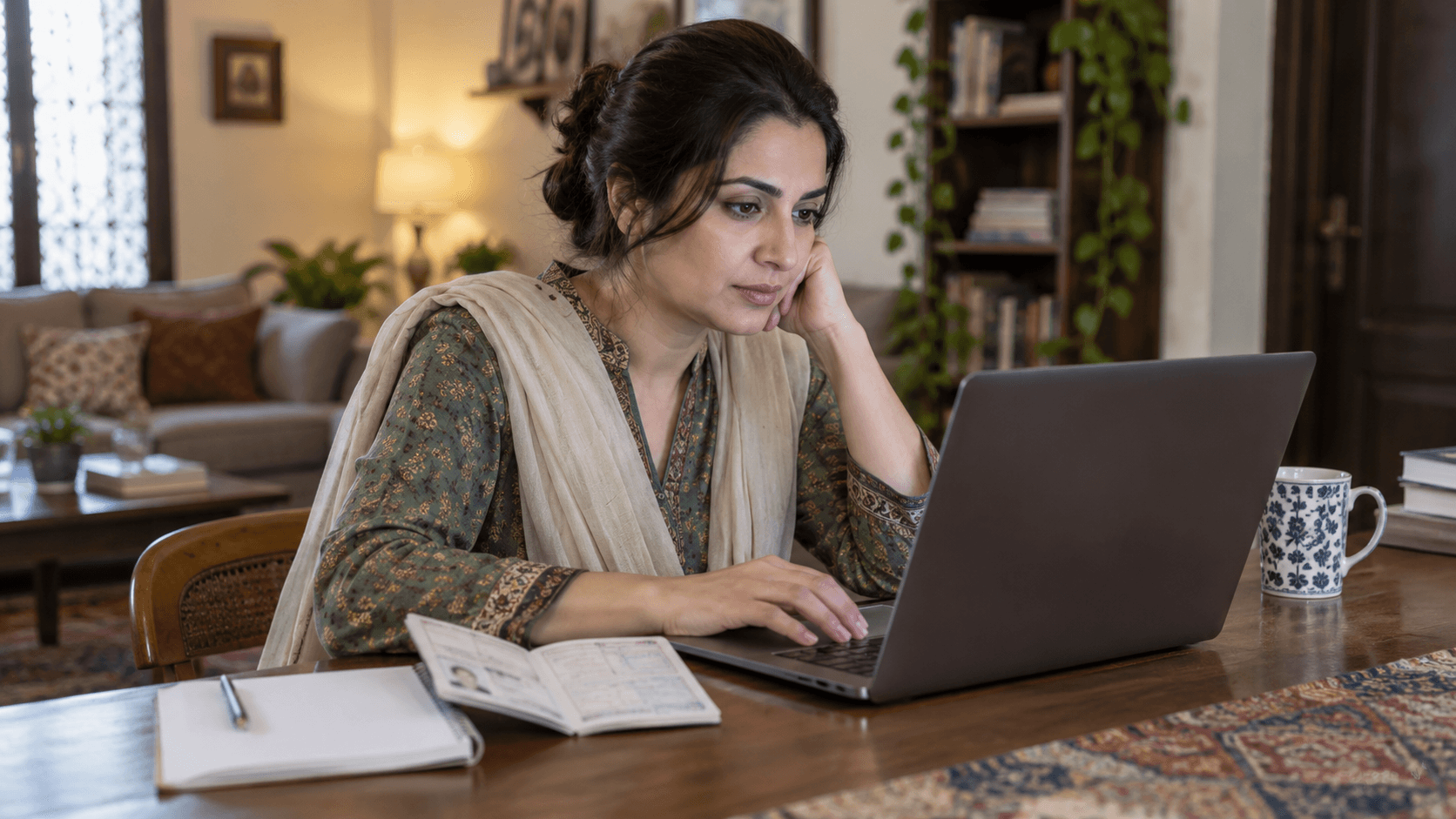 Woman working on a laptop with a passport on the desk, illustrating visa requirements for digital nomads.