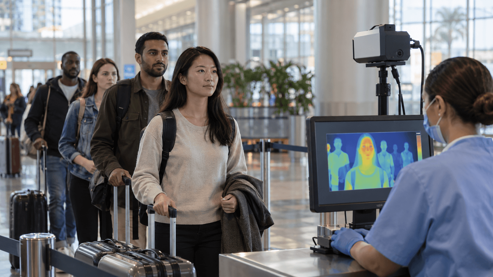 Traveler with a backpack and luggage at an airport security checkpoint with a thermal scanner.