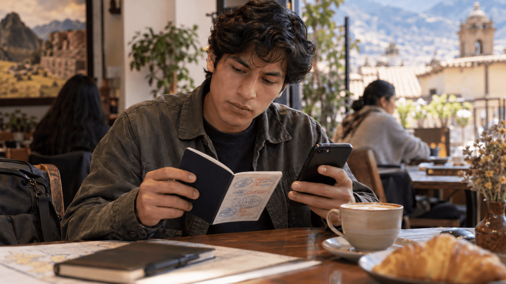 Digital nomad checking a stamped passport at a café terrace