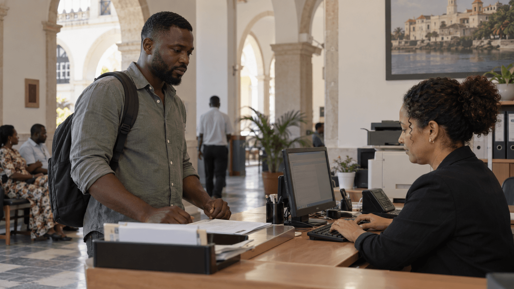 Man at an administrative counter with documents and an official agent in a government building.