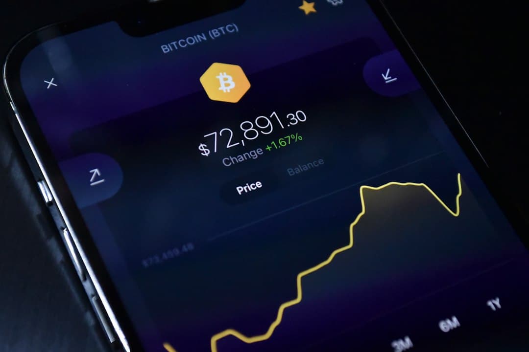 Smartphone screen showing a Bitcoin wallet with a price chart and balance information.