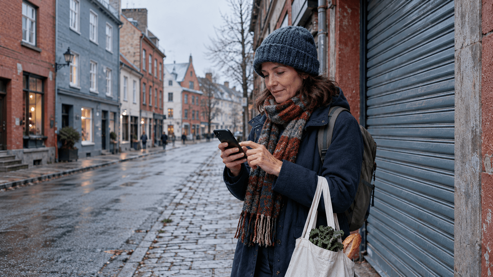 Woman on an autumn street beside a closed shop shutter, holding a phone and a shopping bag.