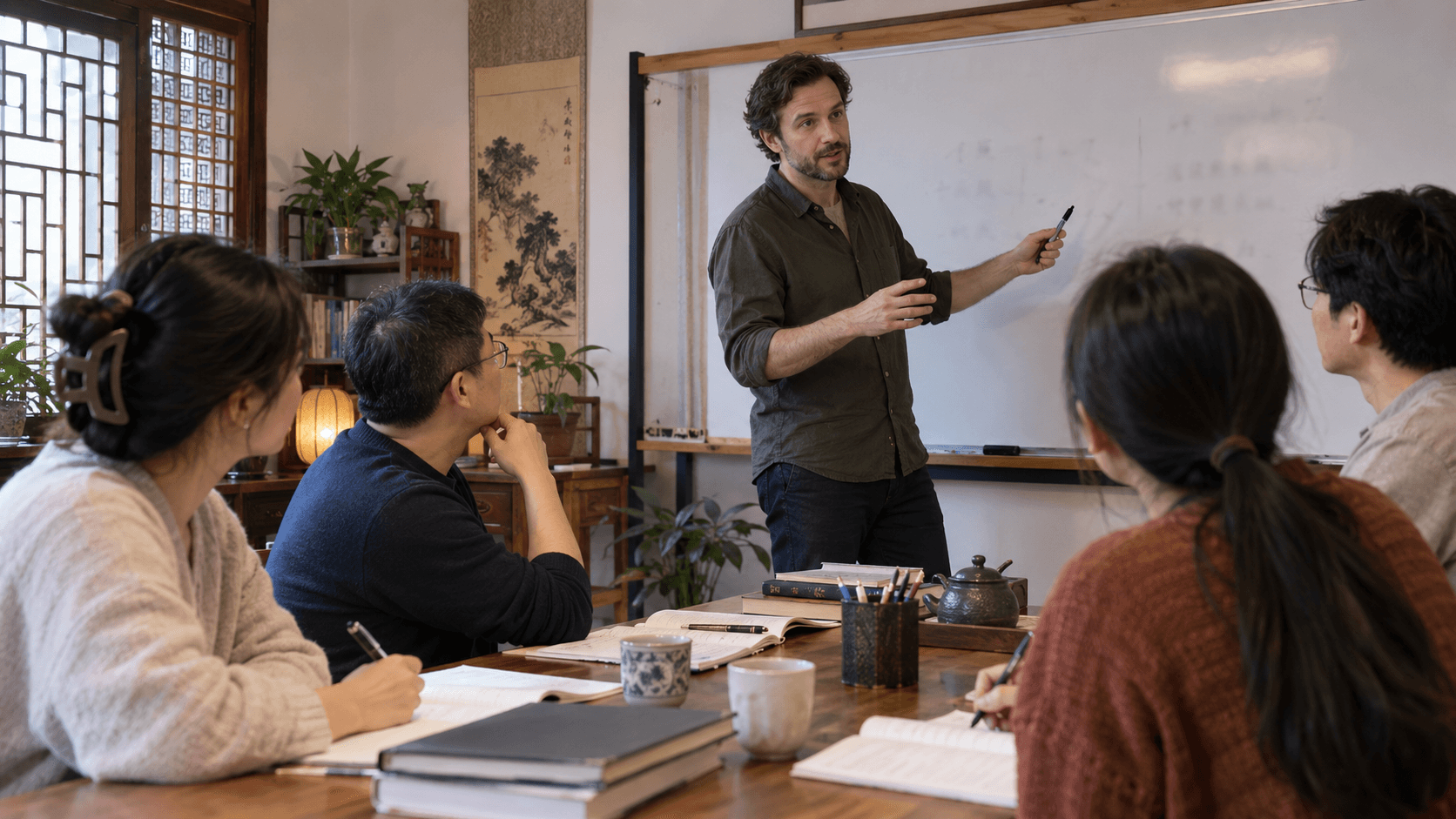 A language teacher instructing a small group of students around a table in a modern classroom.