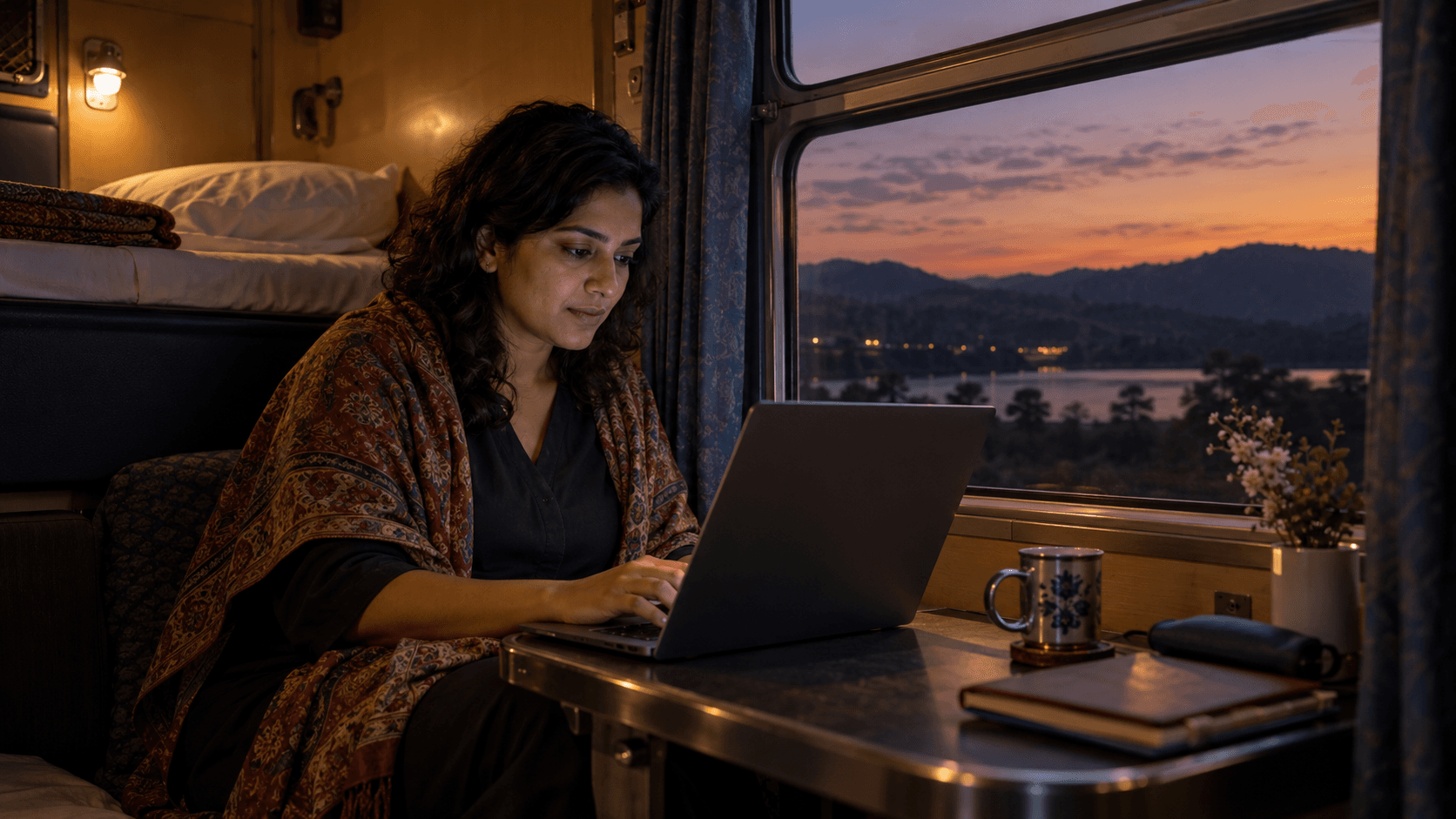Woman working on a laptop at a train table with a view of the landscape at sunset