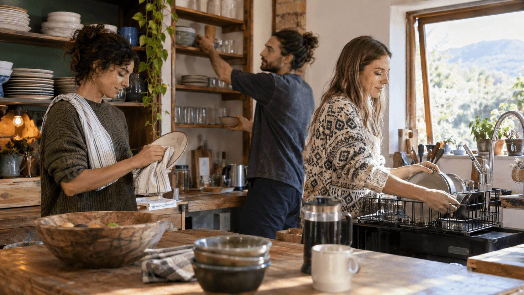 Trois colocataires faisant la vaisselle et s'organisant dans une cuisine partagée lumineuse avec étagères en bois et plantes.