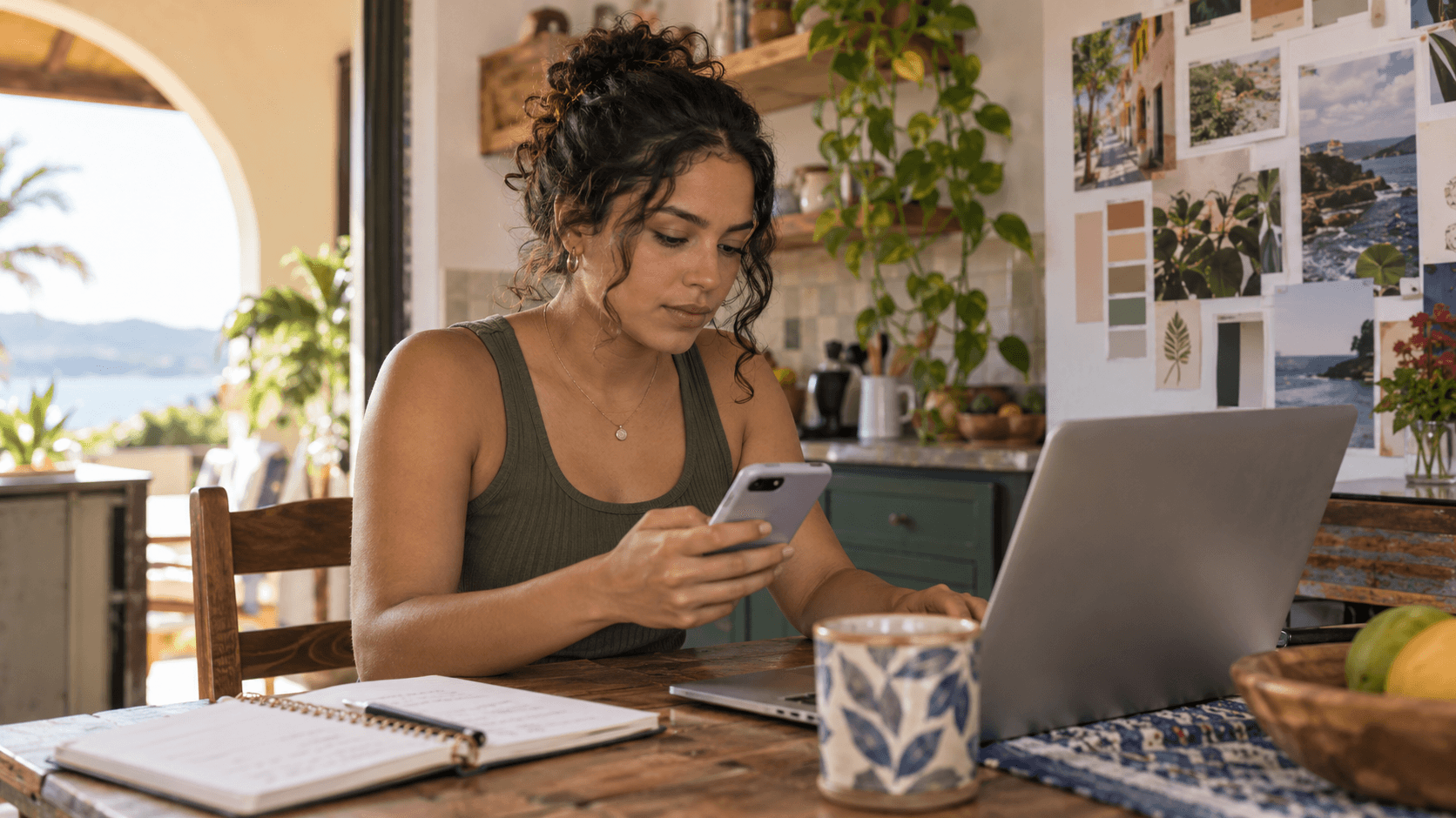 Woman sending a message on a smartphone at her desk with a laptop, plants and travel photos near the window.