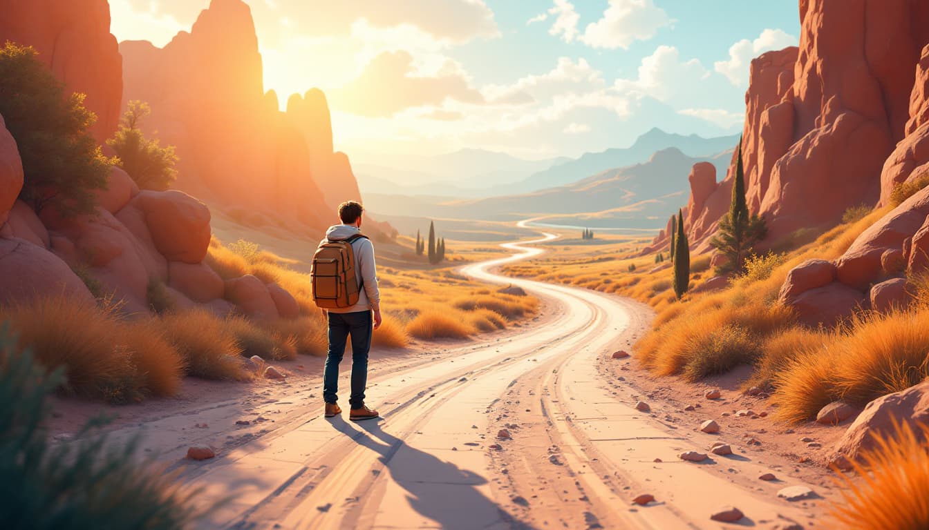 Traveler at a crossroads on a desert road with several paths, symbolizing a choice between options.