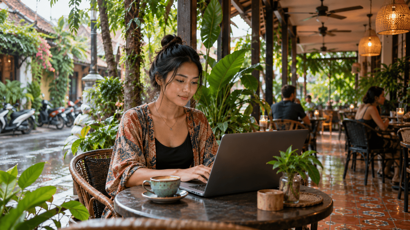 Vrouwelijke digitale nomade werkt op een laptop op een tropisch café-terras met planten en een kopje koffie.