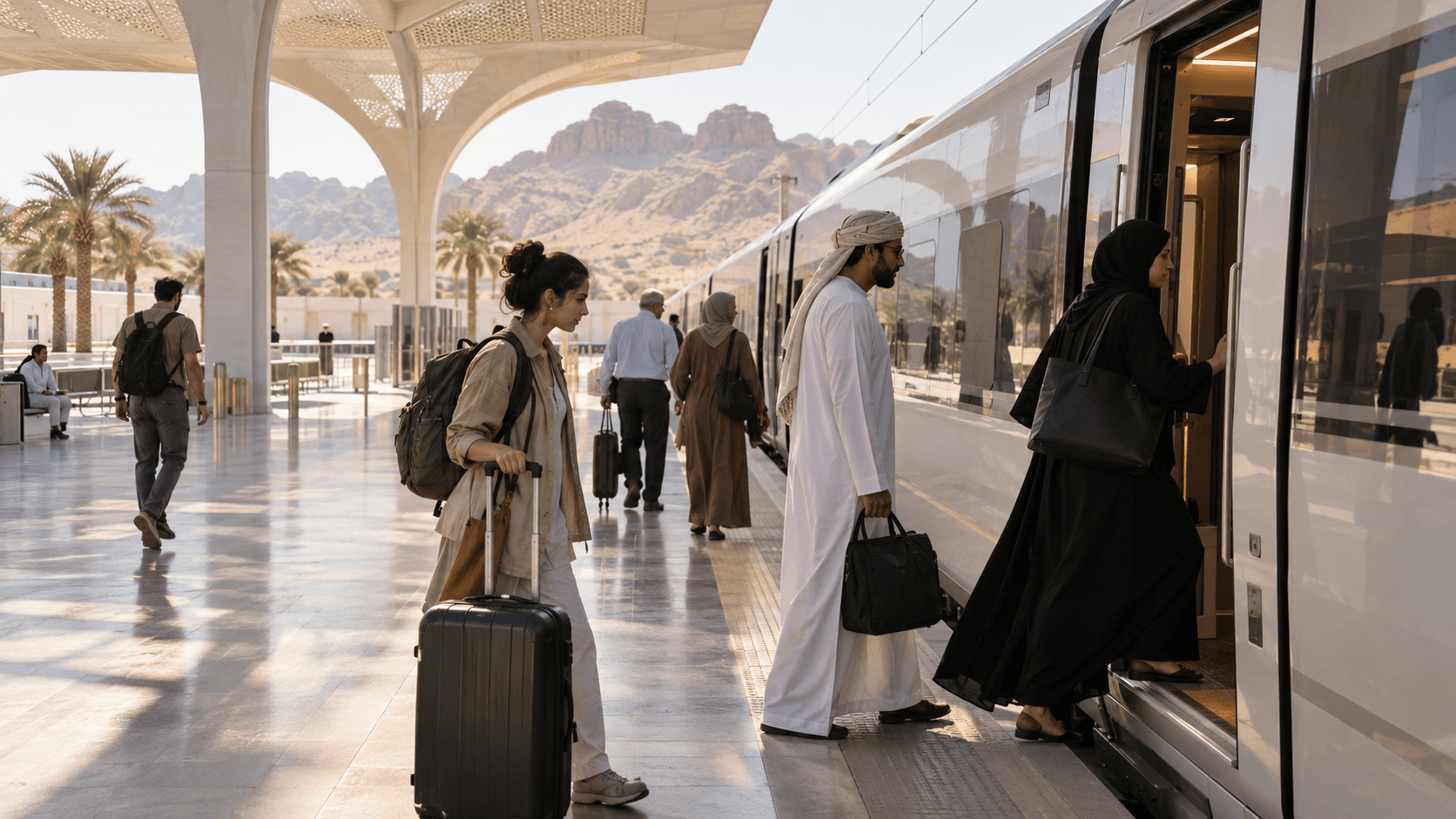 Modern train platform in the Emirates with passengers boarding, white train and desert landscape.