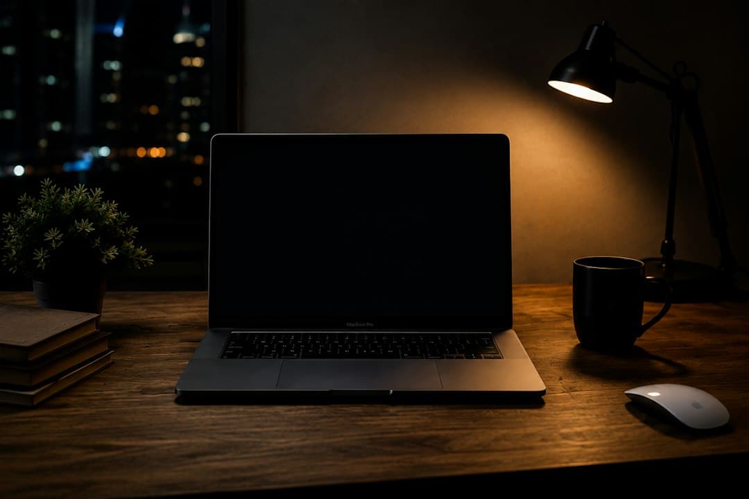 Laptop on a desk with a lamp switched on at the end of the day, nighttime city skyline visible through the window.