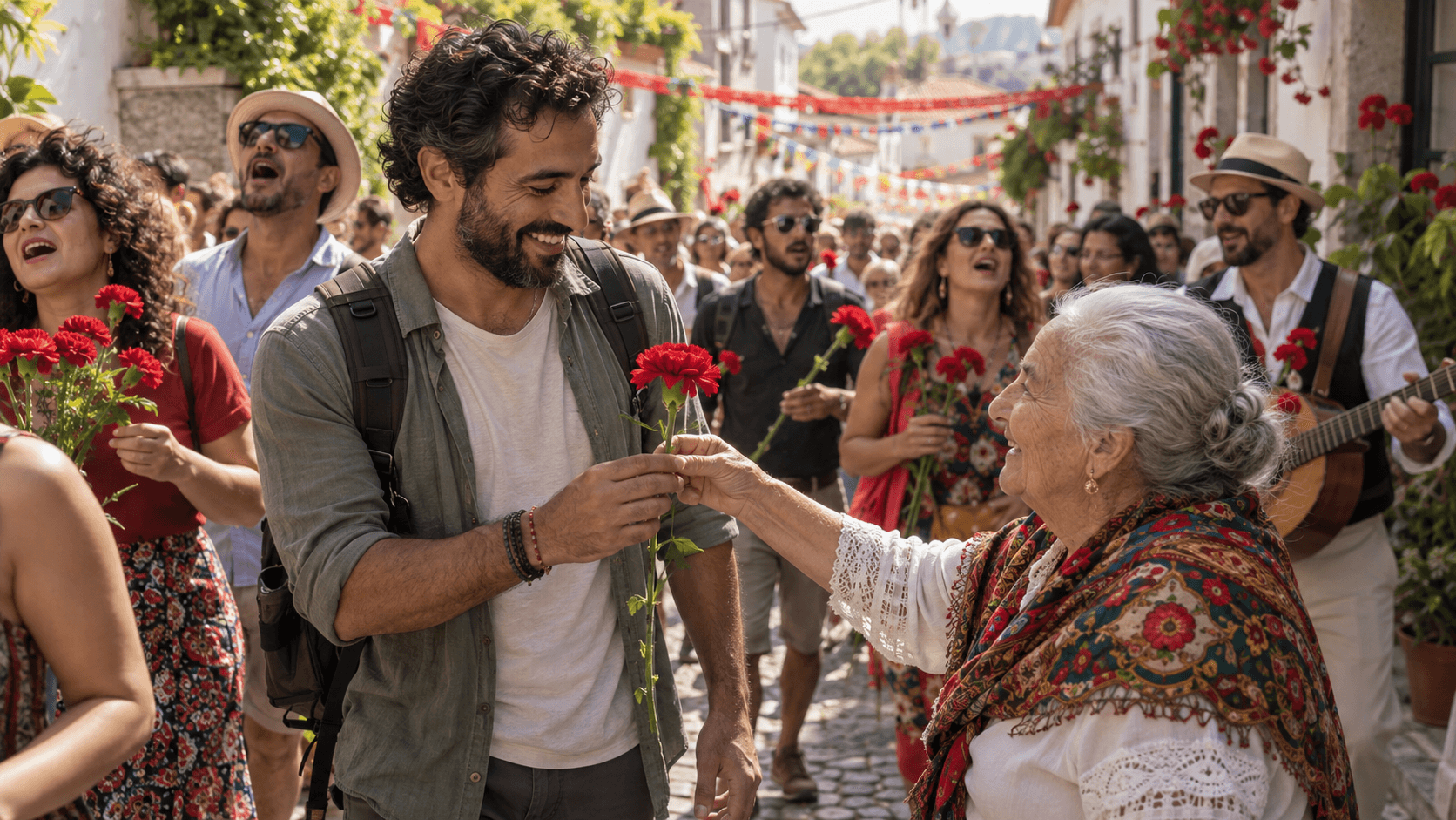 Traveler receiving a red flower from a local woman on a colorful colonial street in Caribbean Colombia