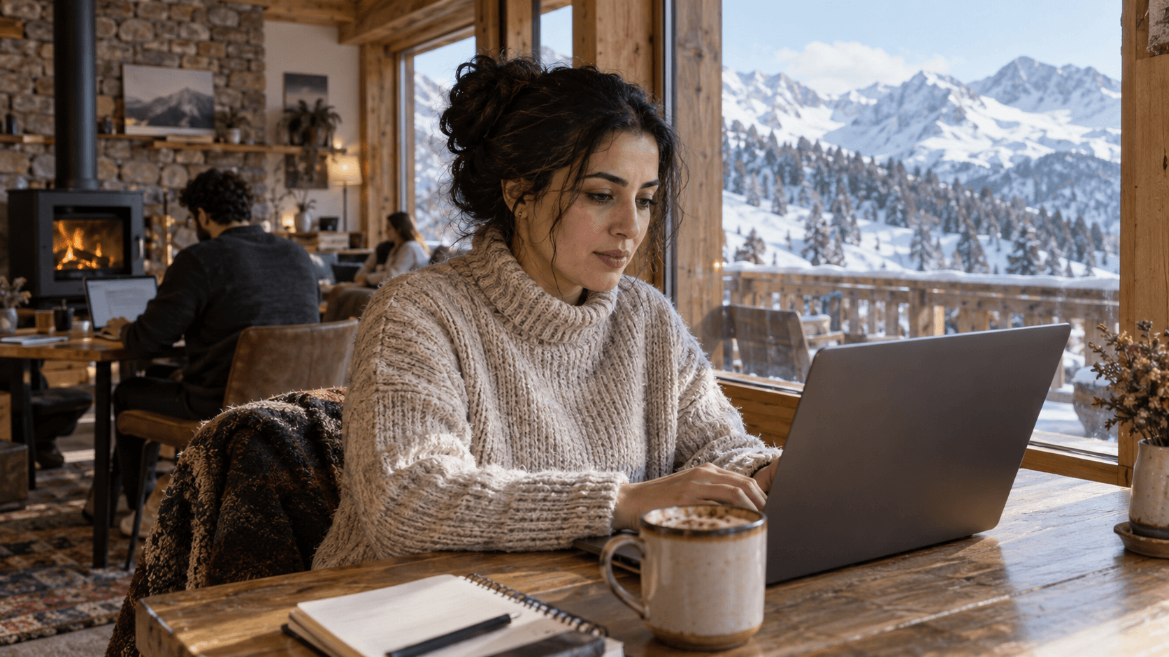 Digital nomad working on a laptop in a bright coworking space with a view of the mountains