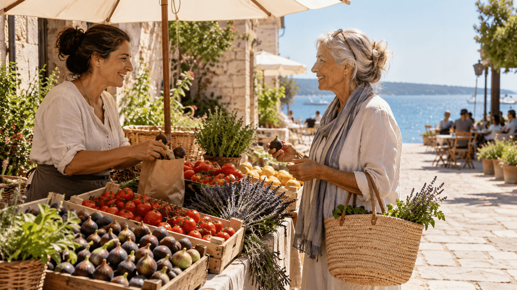 Sunny Mediterranean market scene with pale facades, a sea view, and a seaside stall of fresh produce.