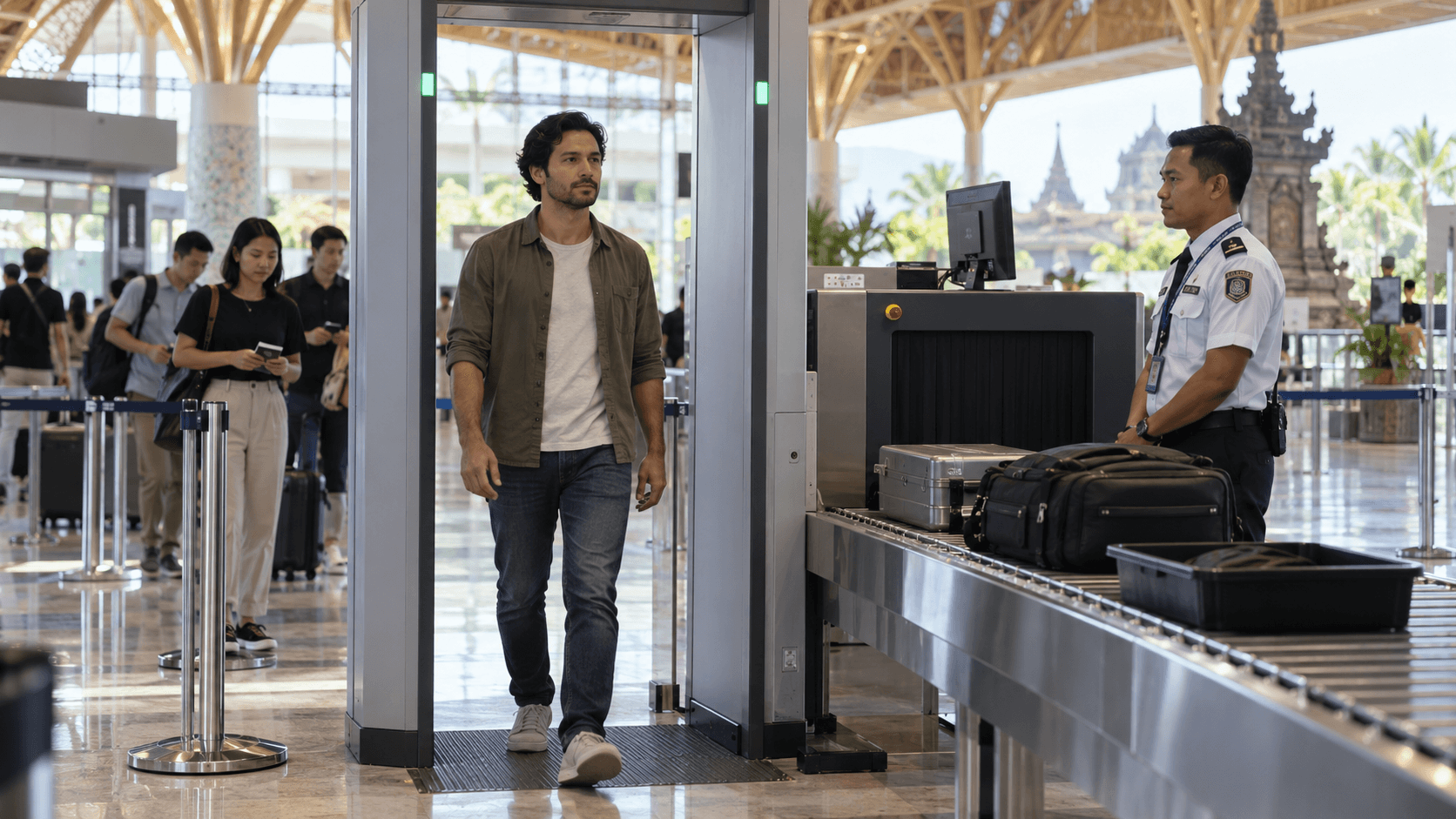 Traveler passing through customs at the airport, with an officer inspecting luggage at the counter.