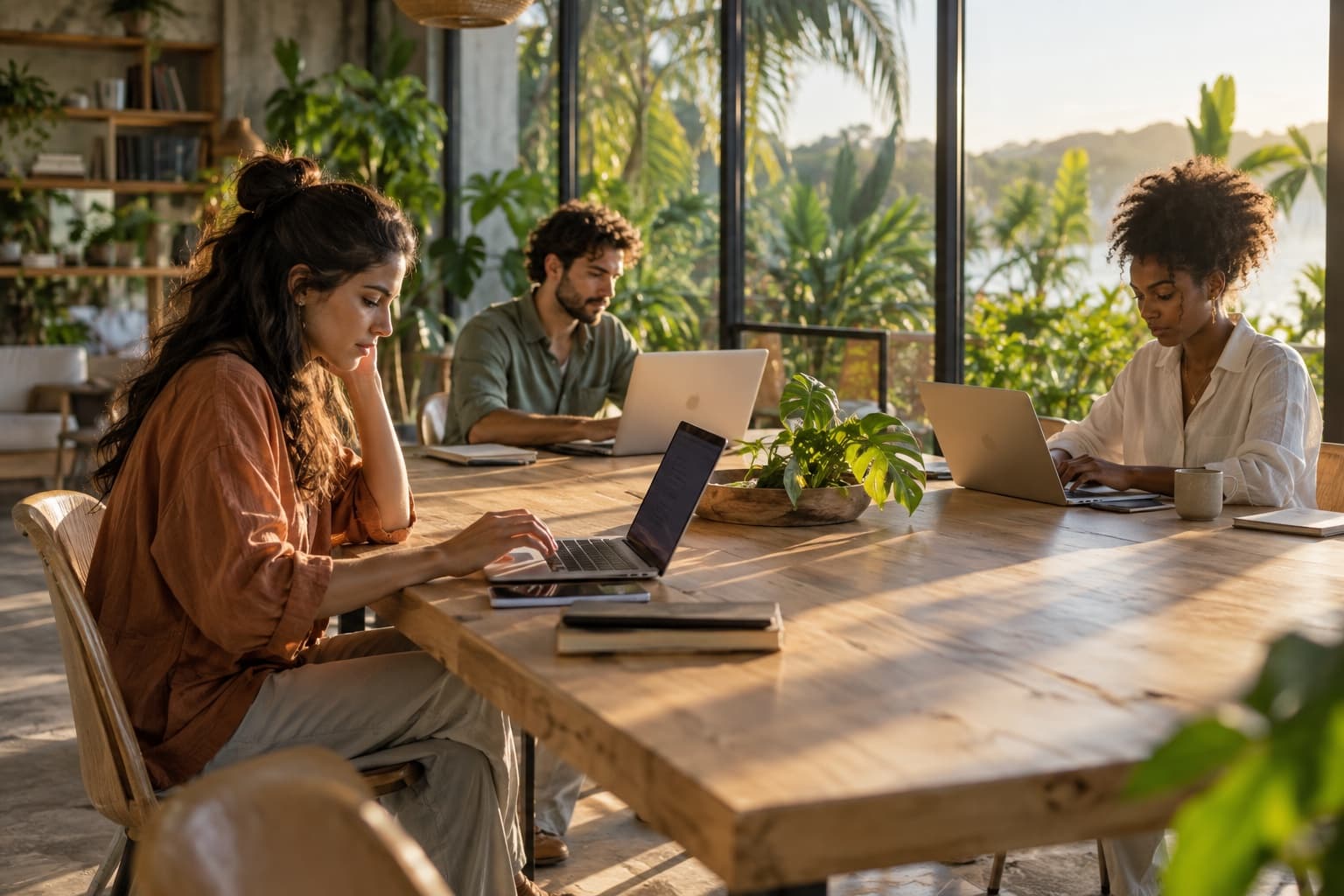 Three remote workers on laptops in a bright coworking space with plants and a tropical view.