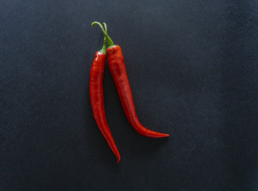 Two hot red chilies with green stems on a dark background
