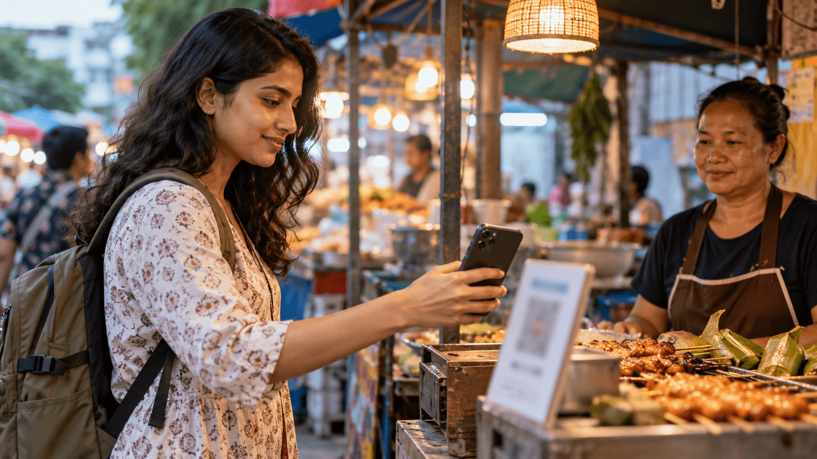 Woman with a smartphone at a street vendor's stand, possibly scanning a QR code to pay in Brazil.