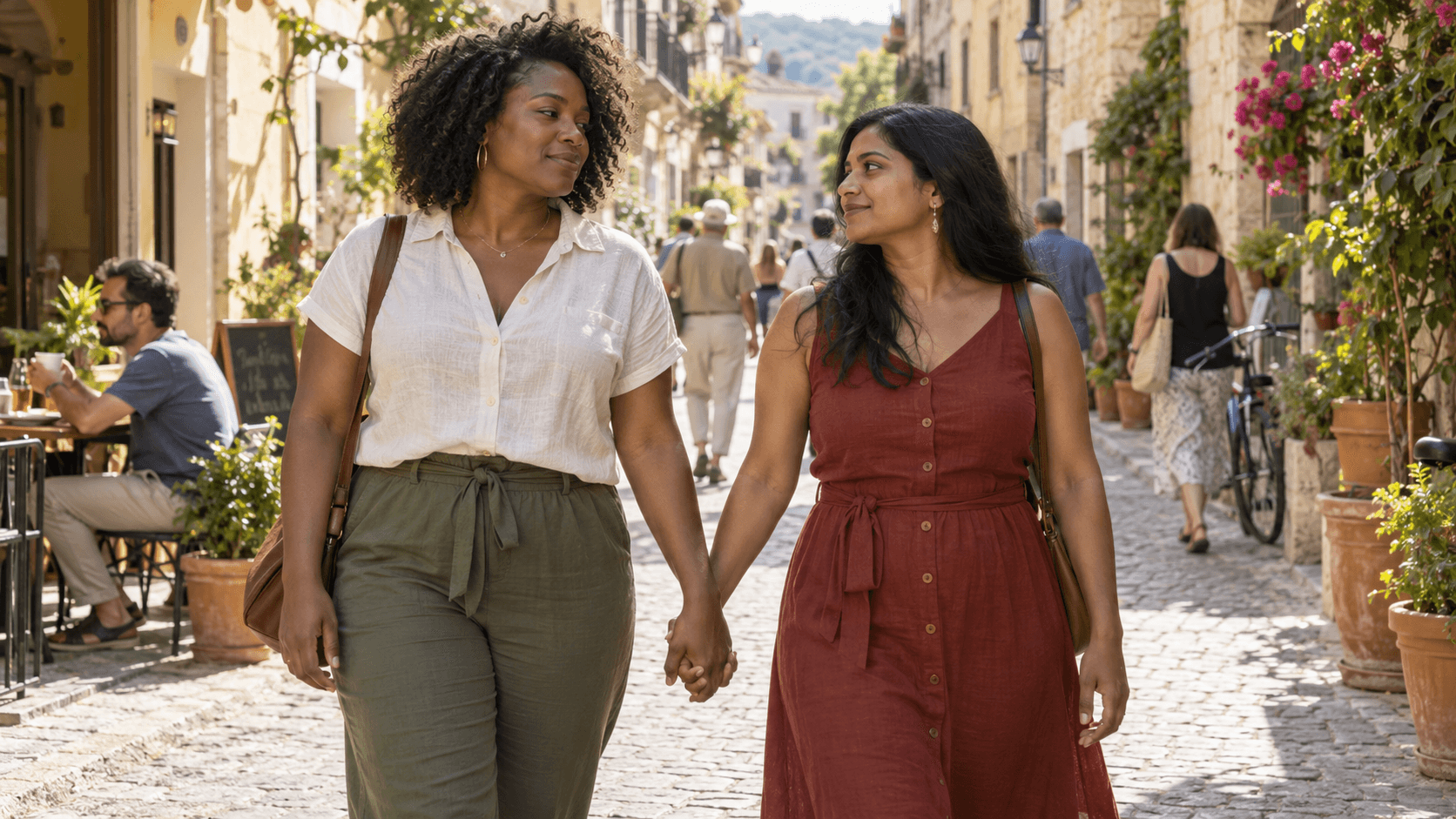Two women walking down a sunny colonial street with stone buildings covered in ivy and blooming plants.