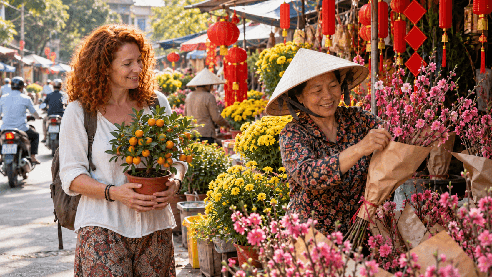 Woman shopping at a Southeast Asian morning market, chatting with a local vendor among flowers and stalls.