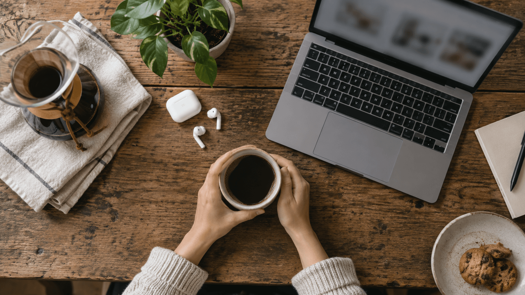 Digital nomad workspace with laptop, coffee cup, and accessories on a wooden table