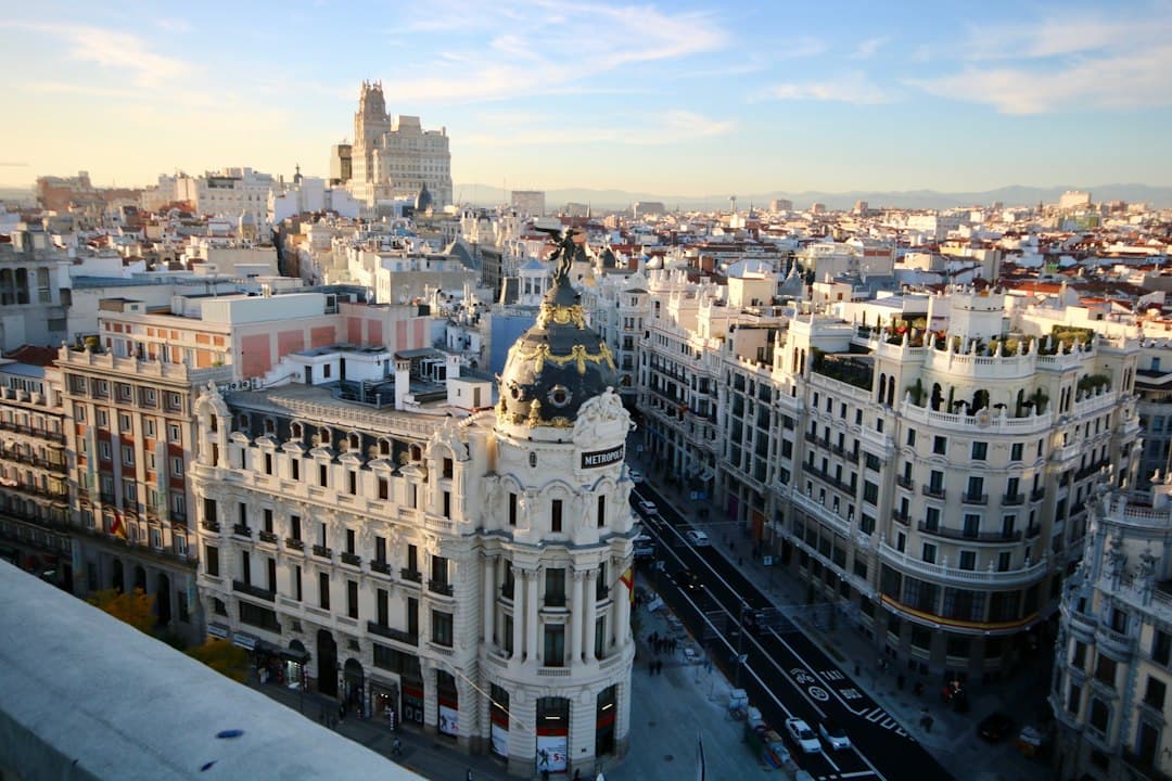 Aerial view of residential buildings and architecture in central Madrid, a large Spanish city.