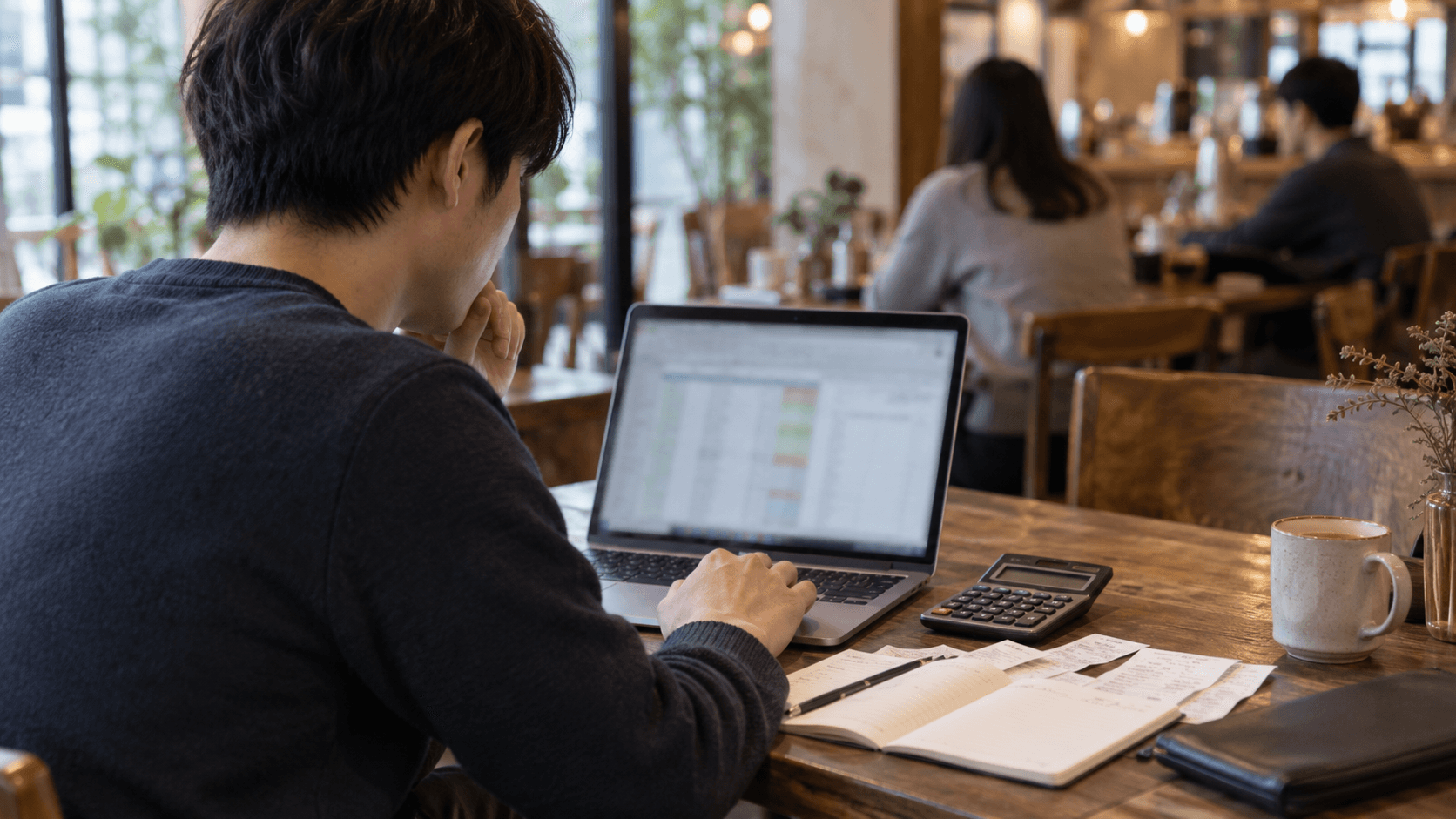 Remote worker reviewing expenses with a laptop, calculator, notebook, and receipts at a café table.