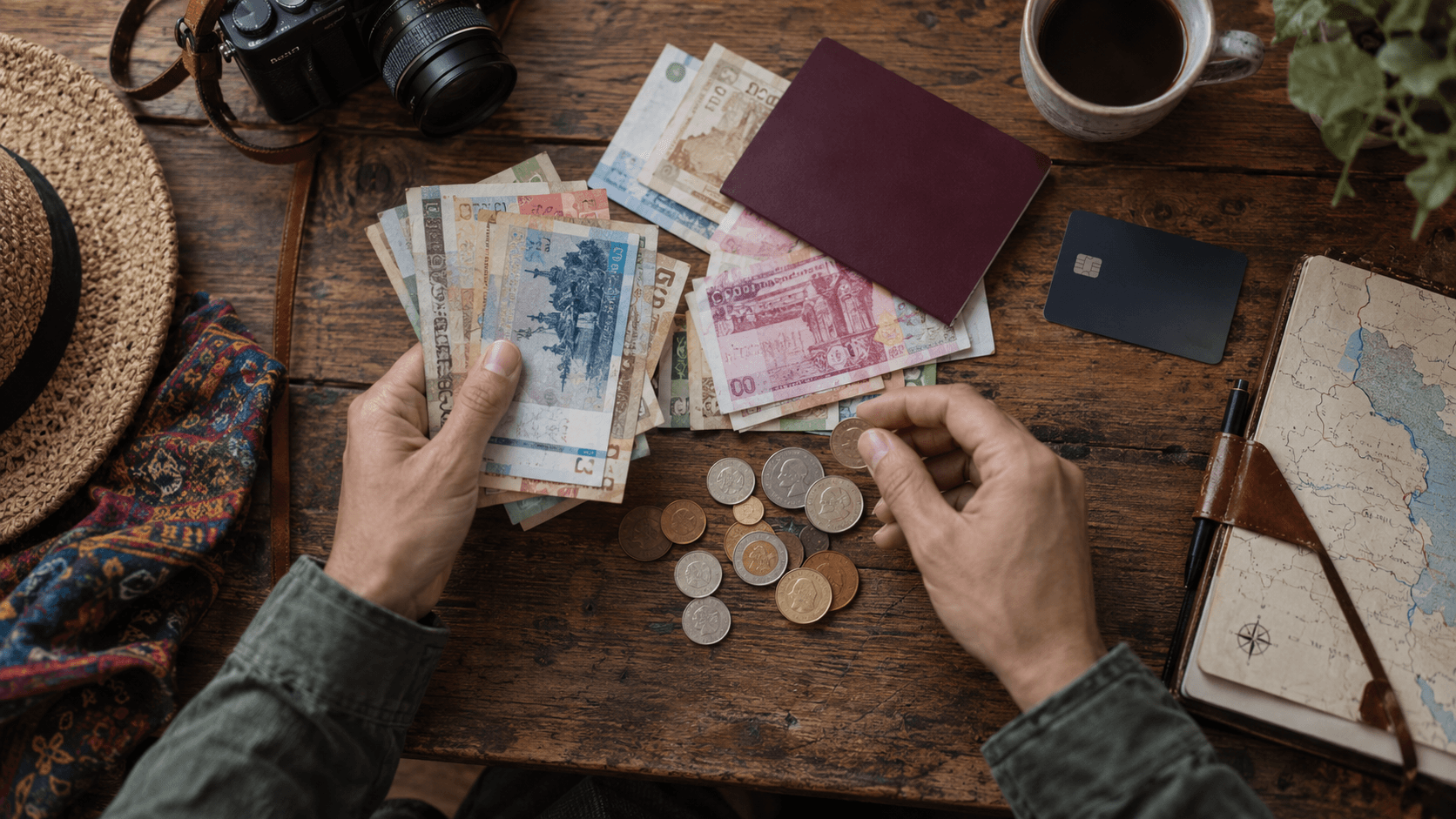 Voyageur organisant passeport, devises et documents de voyage sur table en bois avant départ.